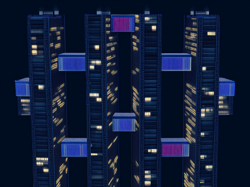 Btree index structure as a futuristic city skyline branching