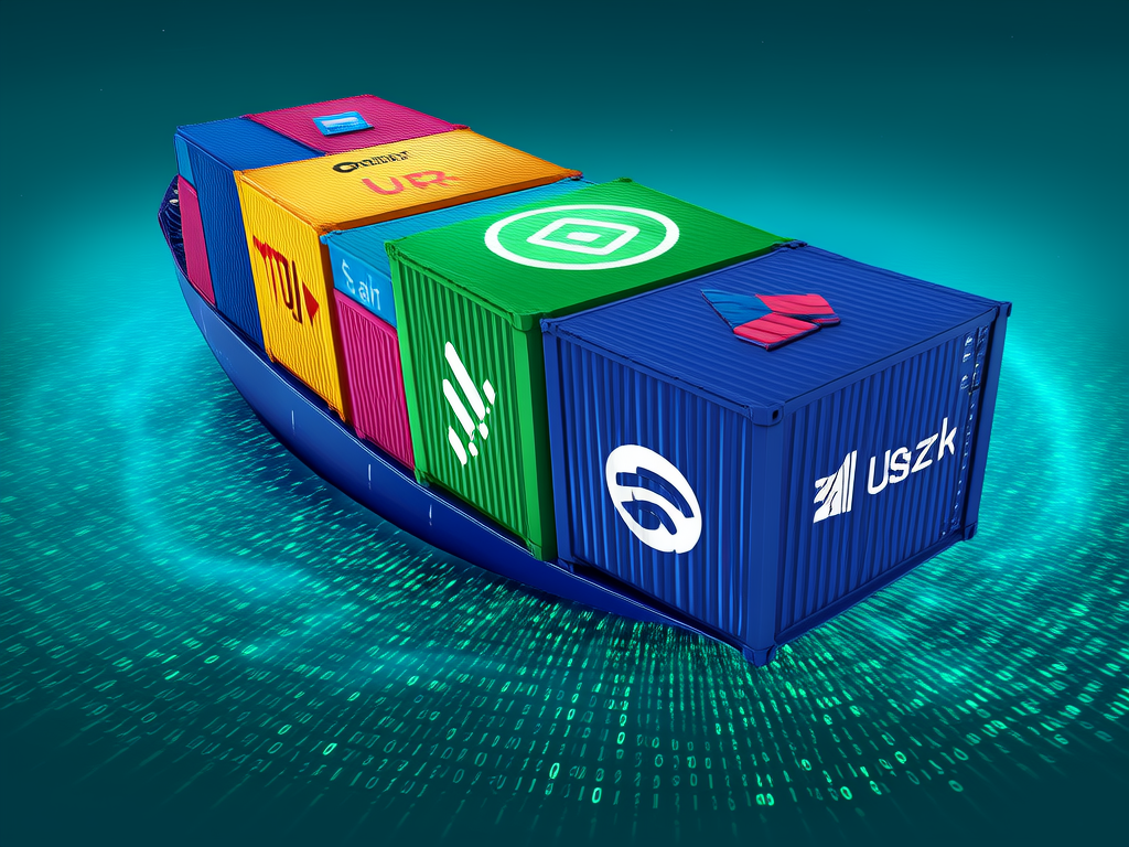 Shipping containers stacked on a digital cargo ship represen