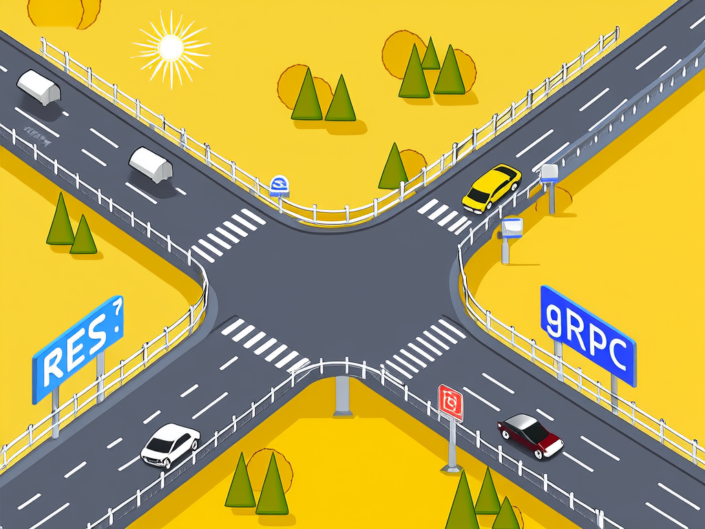 API design: three paths — REST, gRPC, and GraphQL diverging roads