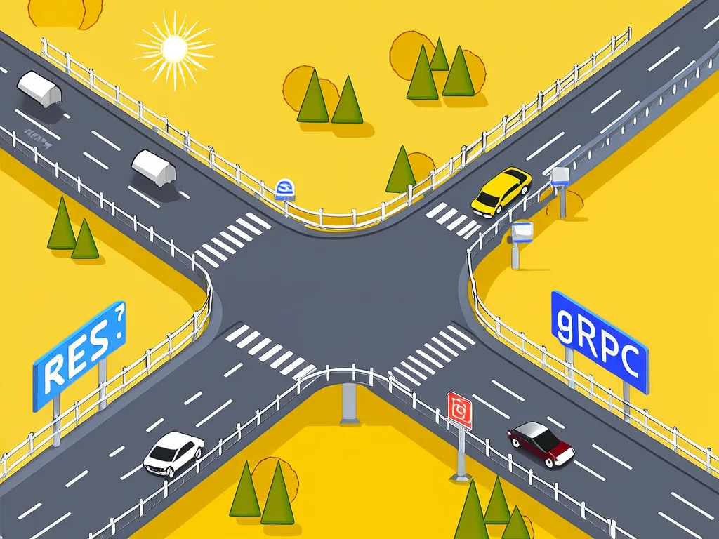 API design: three paths — REST, gRPC, and GraphQL diverging roads
