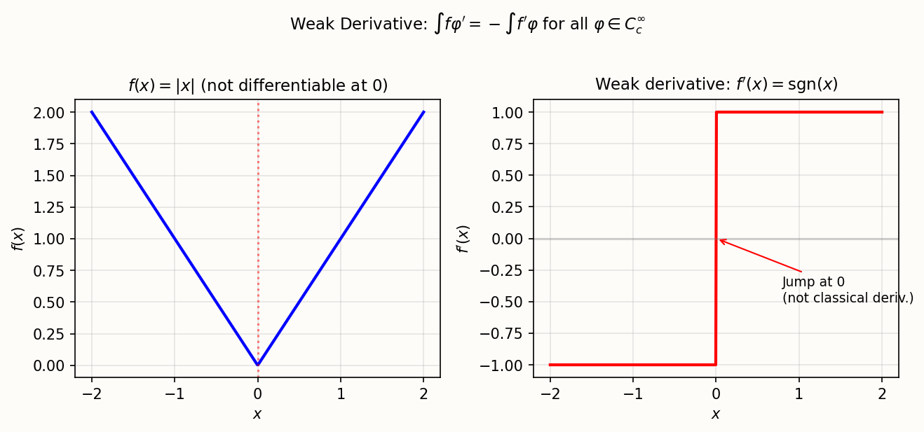 Weak derivative of |x|
