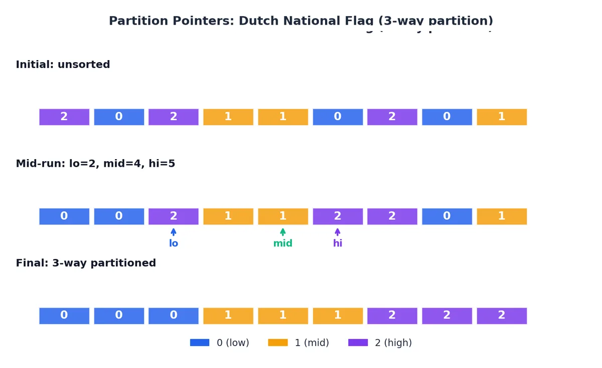 Dutch National Flag: three pointers carve the array into 0/1/2 regions