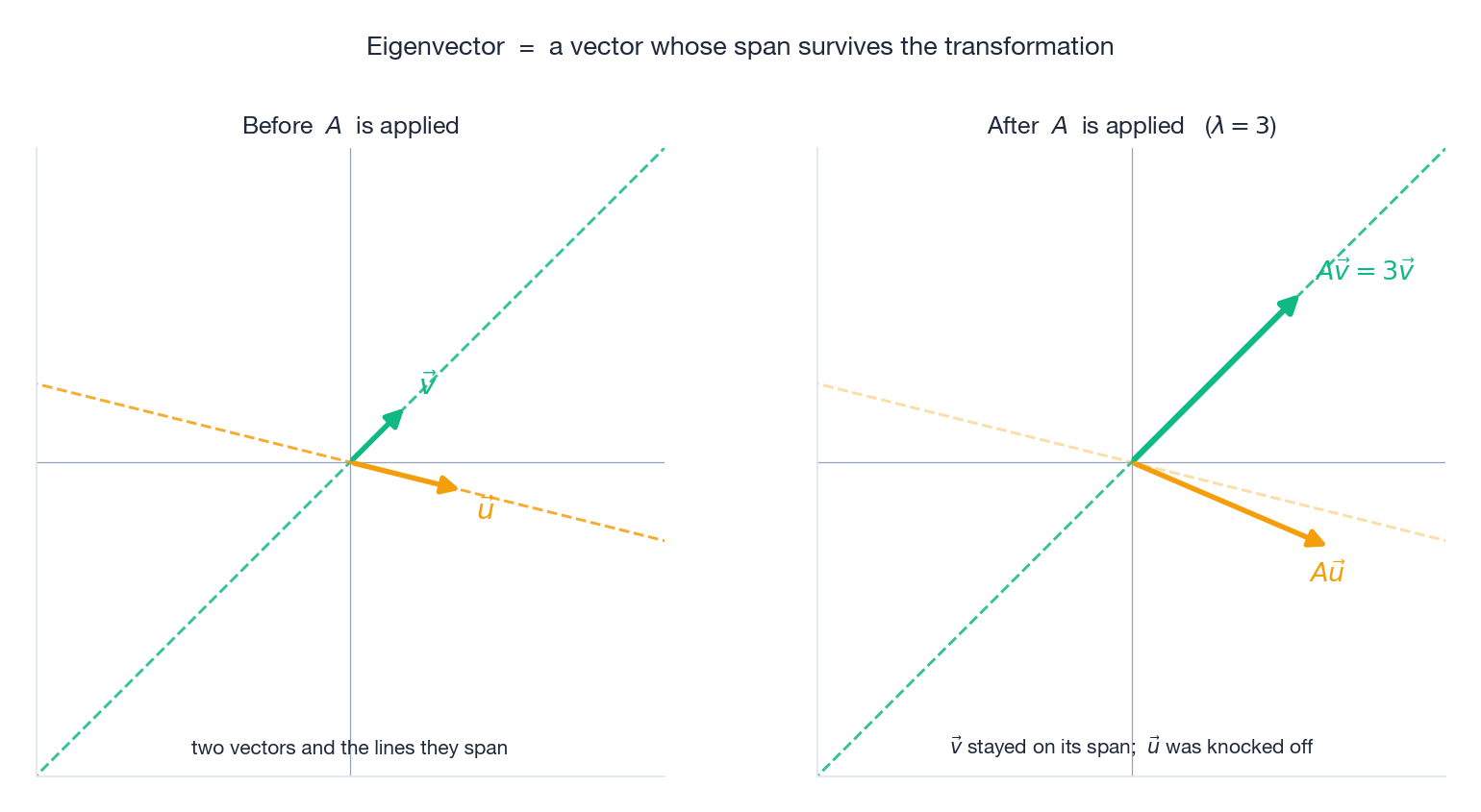 A vector that stays on its span survives as an eigenvector; an ordinary vector gets knocked off
