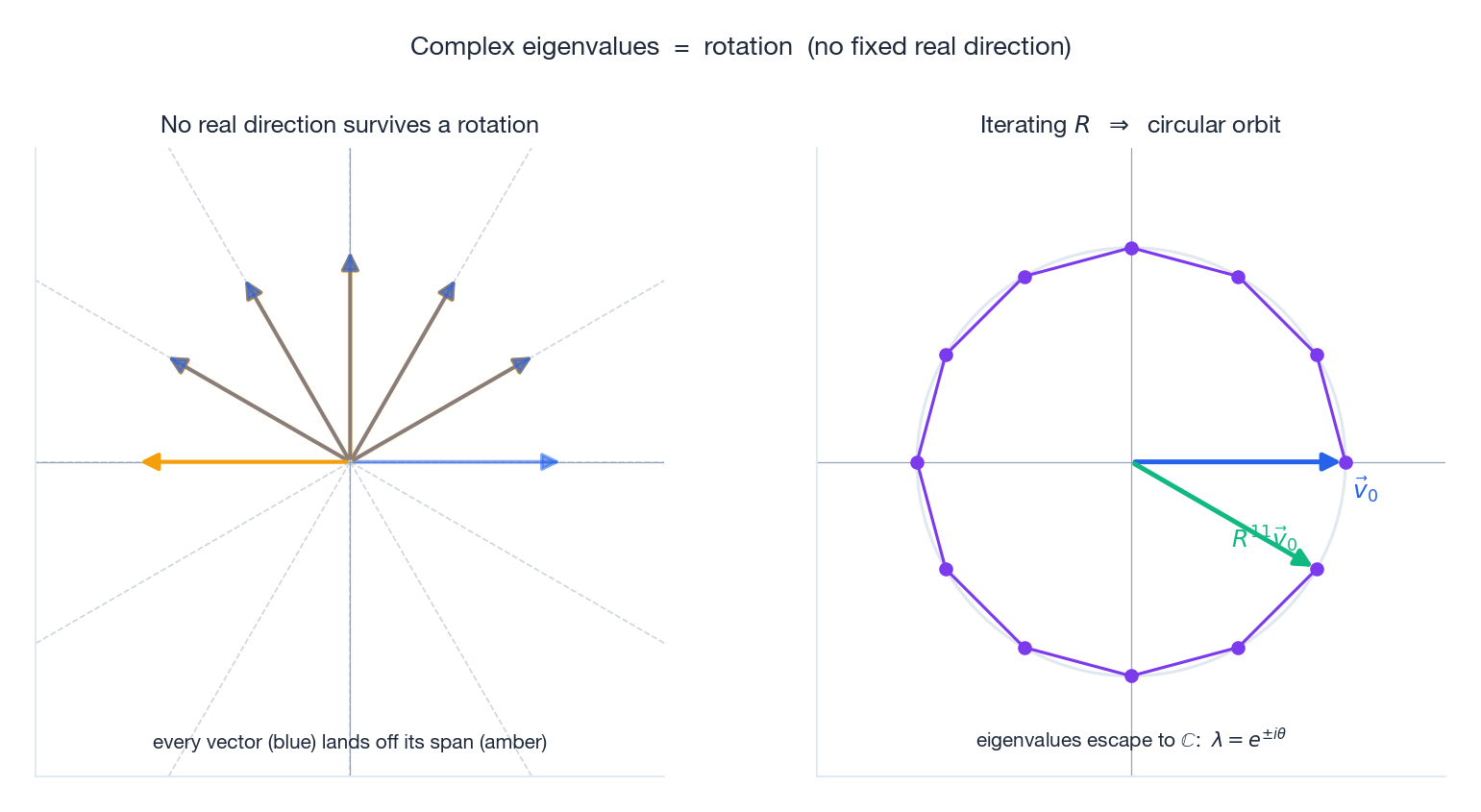 Every real vector gets rotated off its span; iterating traces a circle