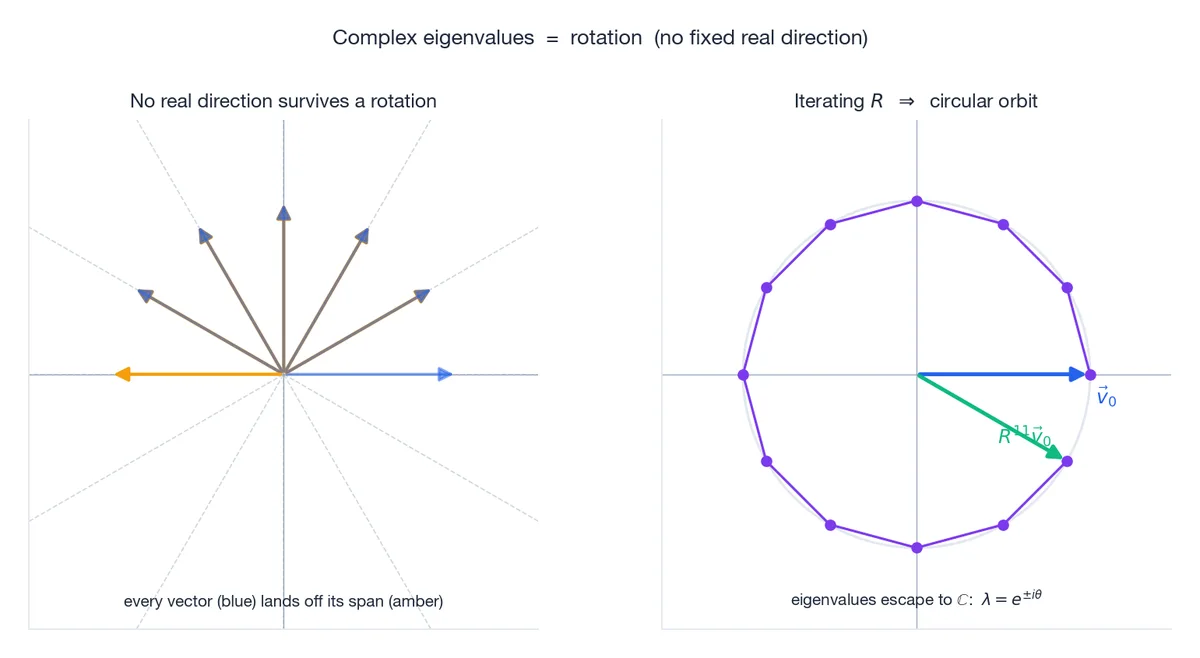 Every real vector gets rotated off its span; iterating traces a circle