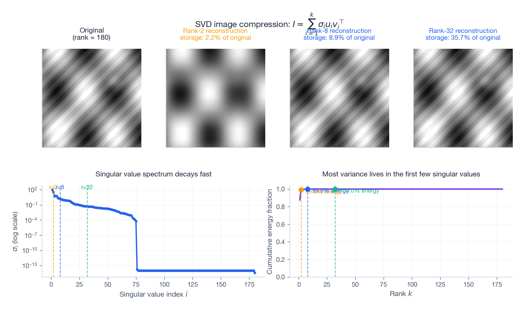 SVD low-rank reconstruction at three ranks plus the singular value spectrum.
