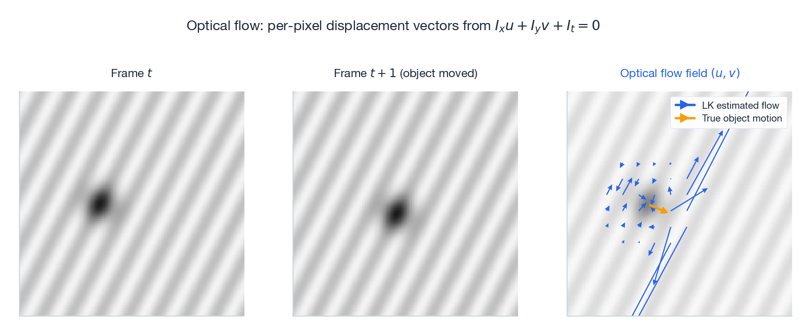 Optical flow: per-pixel displacement vectors estimated by local least squares.