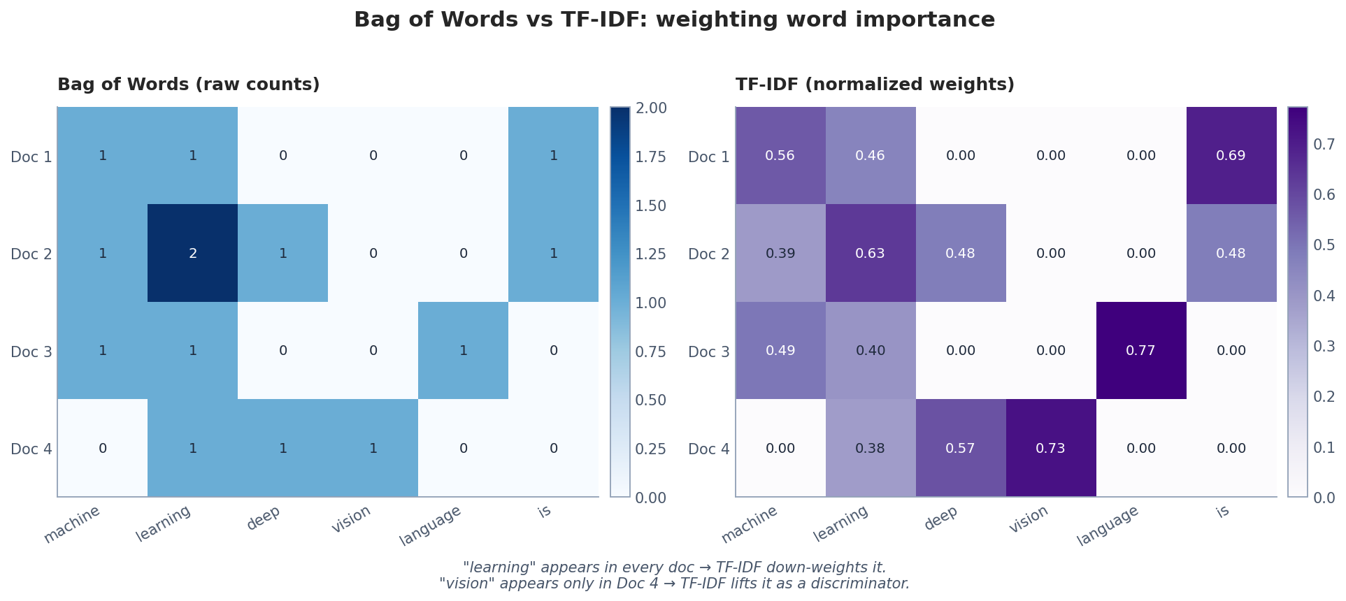 Bag of Words counts versus TF-IDF weights on the same toy corpus