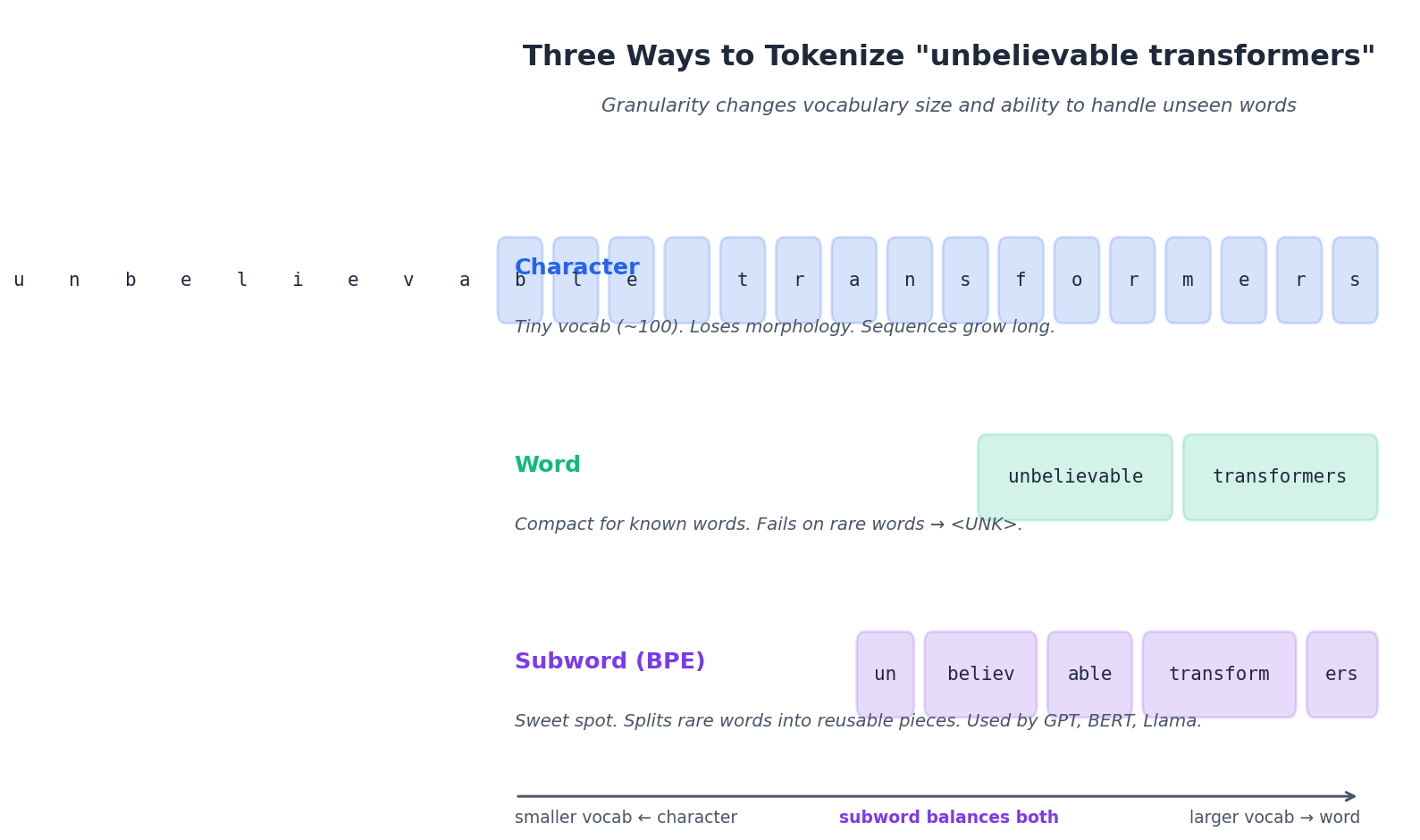 Three tokenization strategies for the same input