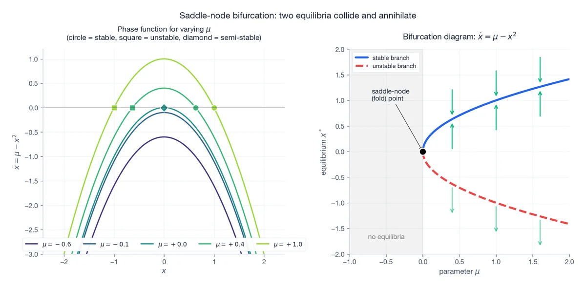 Saddle-node bifurcation: phase function on the left, bifurcation diagram with flow direction on the right.