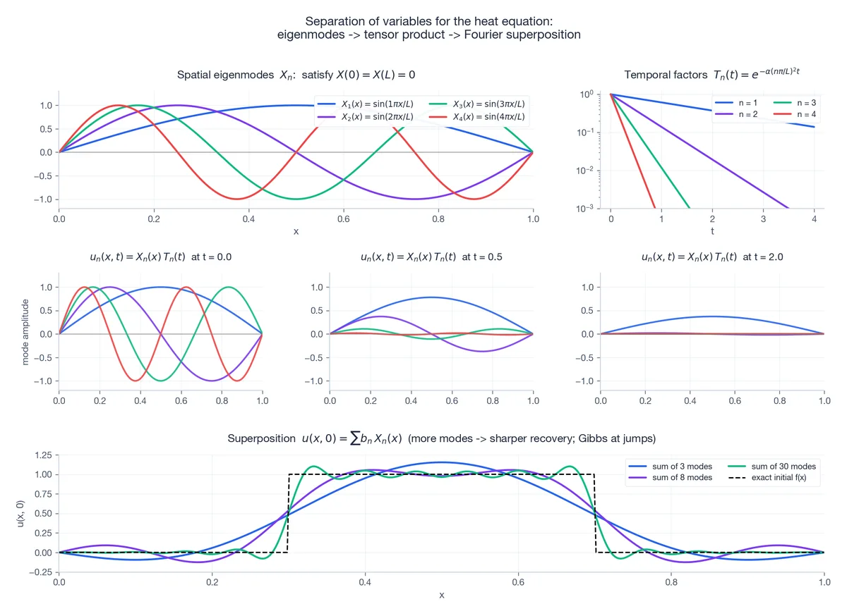 Separation of variables visualised: spatial eigenmodes, temporal decay factors, their tensor product, and Fourier reconstruction of the initial bump.