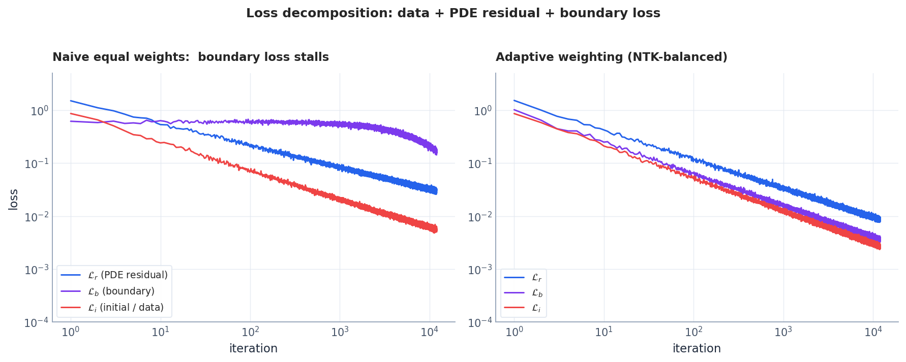 Three loss components and a balanced-weighting comparison.