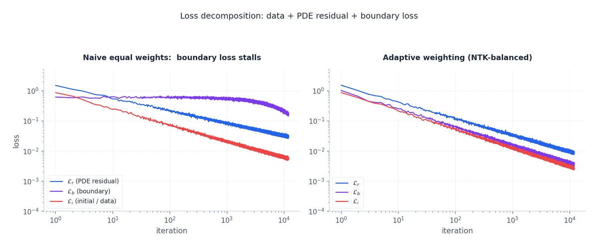 Three loss components and a balanced-weighting comparison.