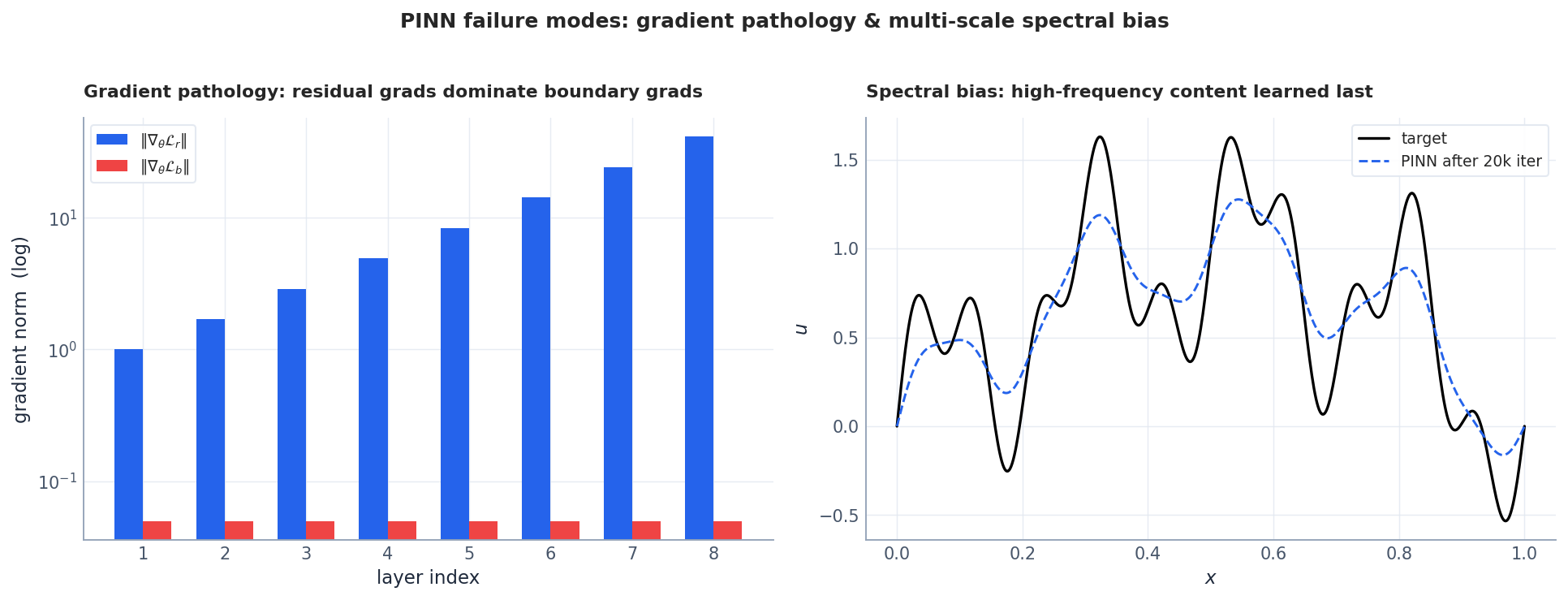 Gradient pathology and spectral bias.