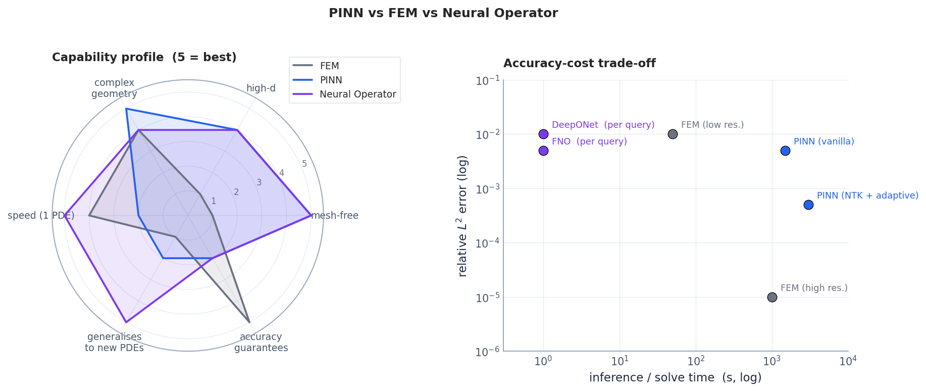 PINN vs. FEM vs. neural operators: capability radar and cost-accuracy trade-off.
