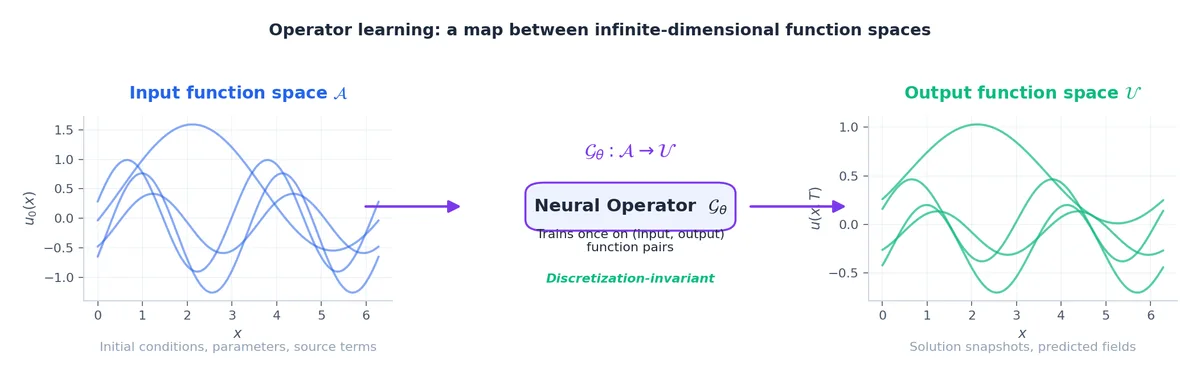 Operator learning maps an entire function space of inputs to an entire function space of outputs.