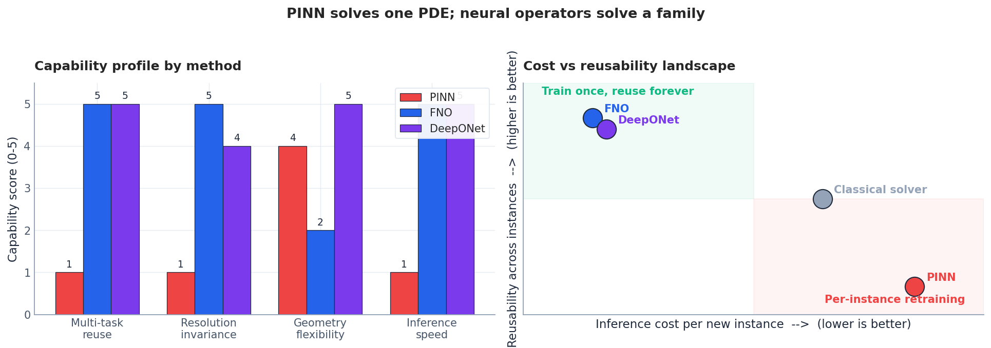 Capability profile and cost-vs-reuse landscape for PINN, FNO and DeepONet against a classical solver baseline.