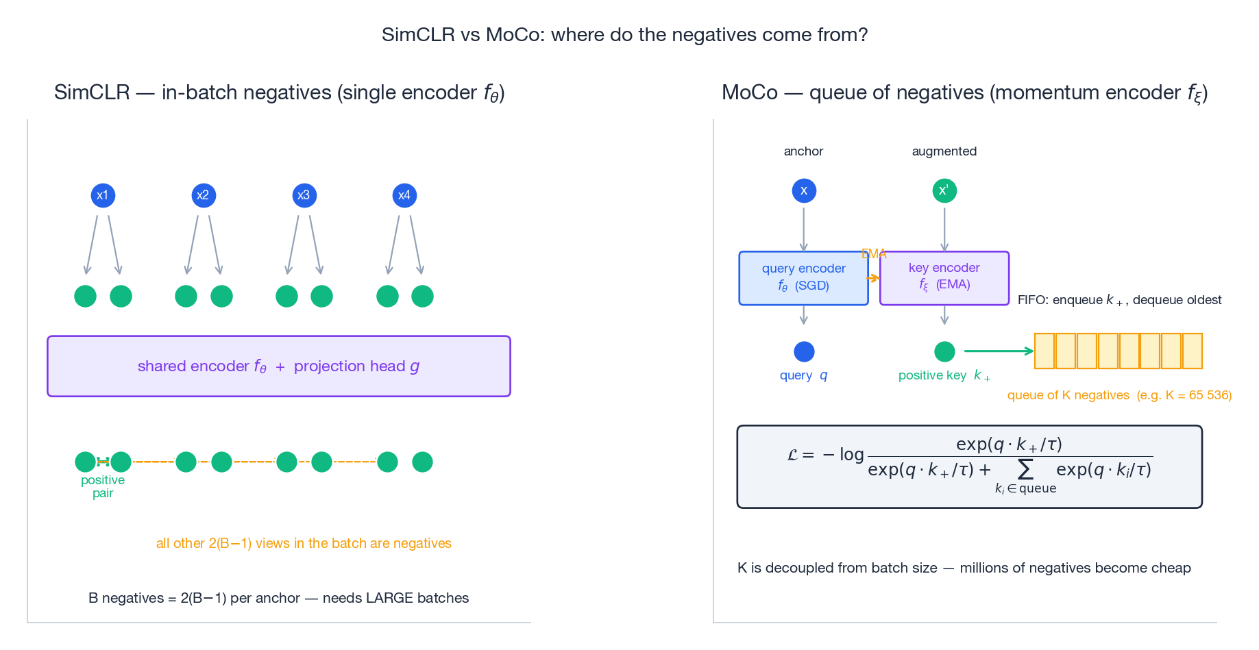 SimCLR uses every other view in the batch as a negative (single shared encoder); MoCo maintains a momentum-updated key encoder and a FIFO queue of cached negatives