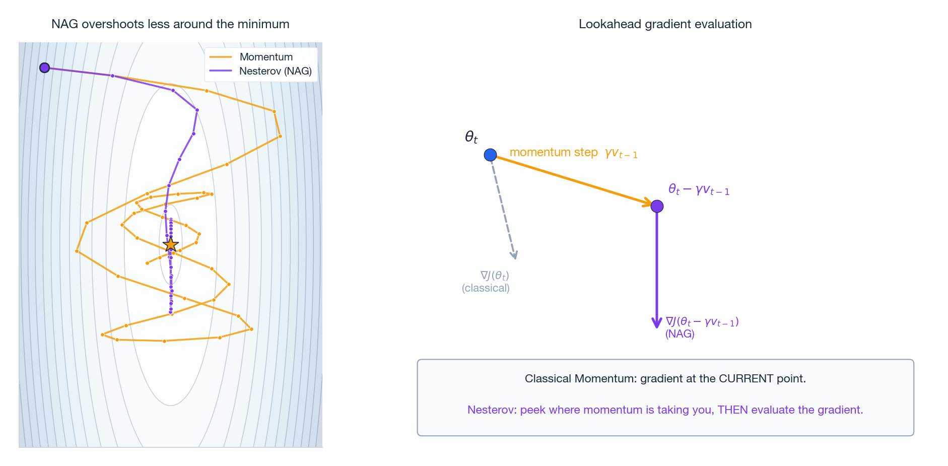 NAG: lookahead gradient evaluation reduces overshoot