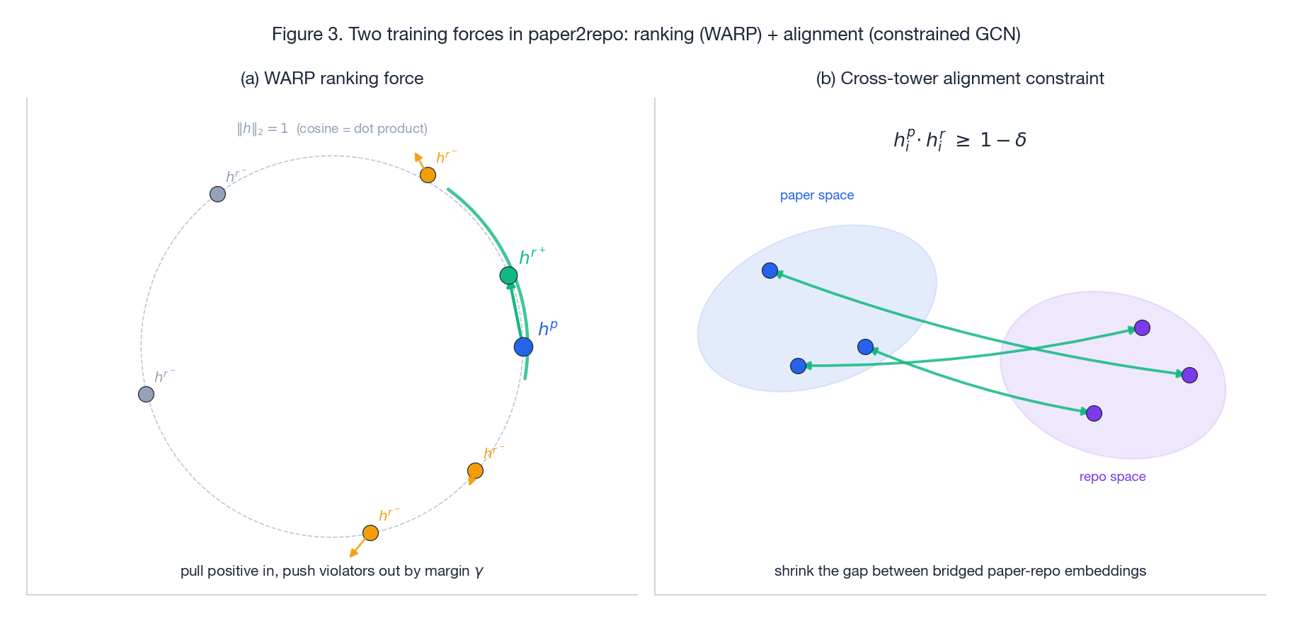 WARP ranking + cosine alignment constraint