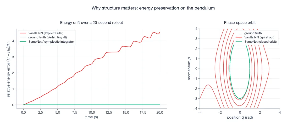 Energy preservation on the pendulum: vanilla NN drifts, SympNet stays put