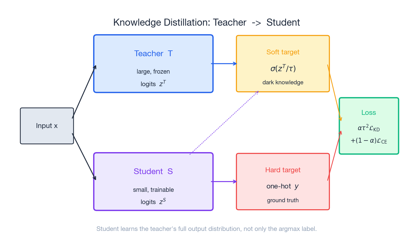 Teacher and student trained against a combined soft-target / hard-target loss
