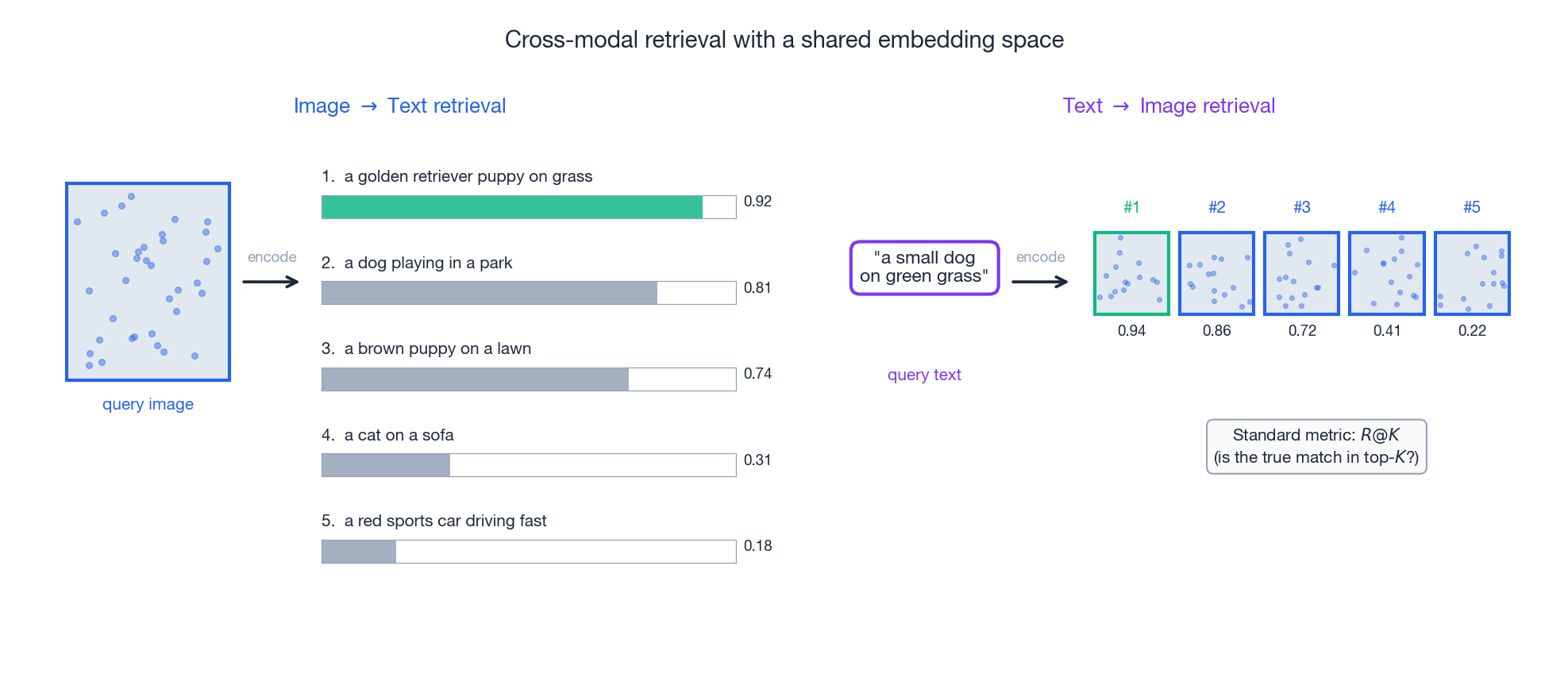 Cross-modal retrieval: image-to-text and text-to-image both reduce to nearest-neighbour search in the shared embedding space.
