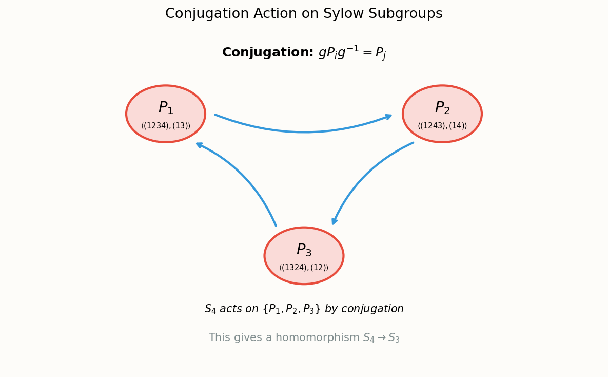 共轭作用与 Sylow 计数示意