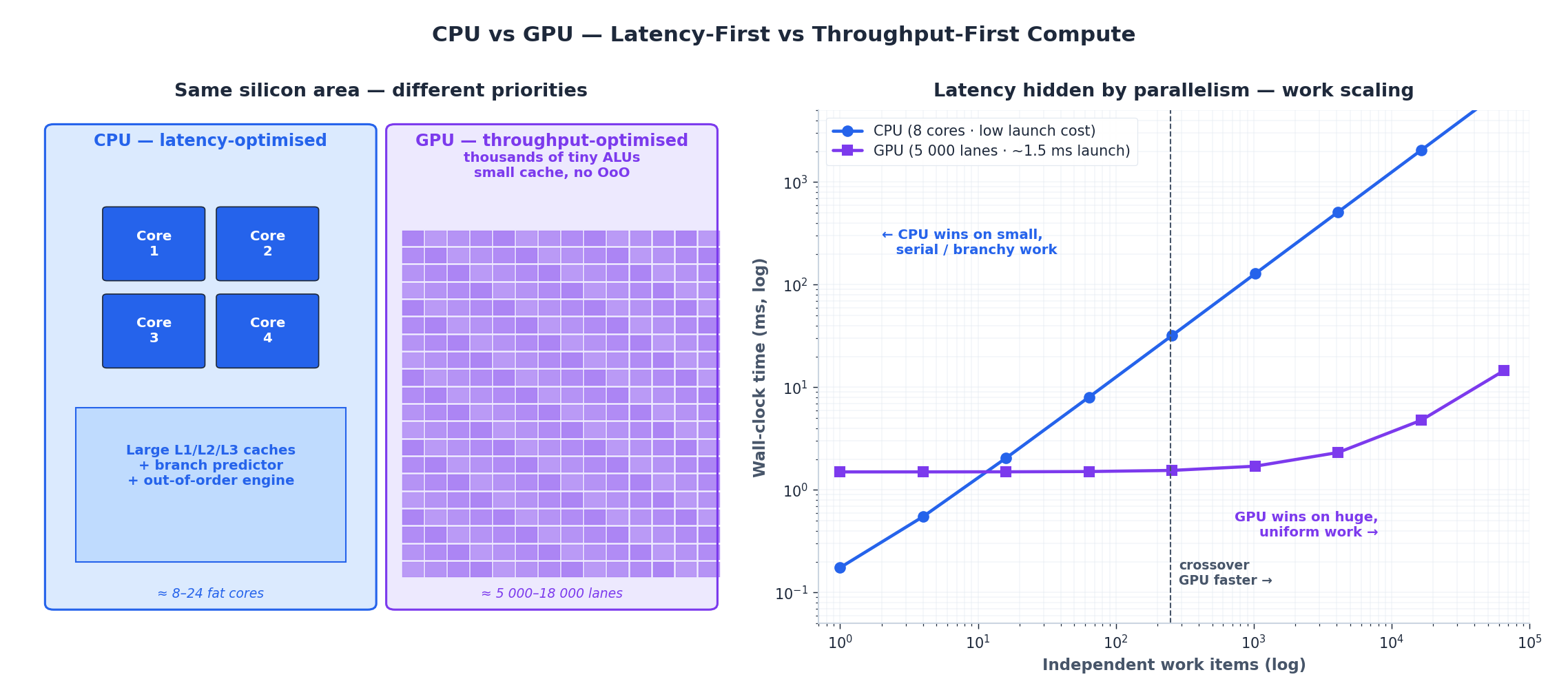 CPU 与 GPU 的核心布局示意，以及随工作量增长的墙钟交叉曲线