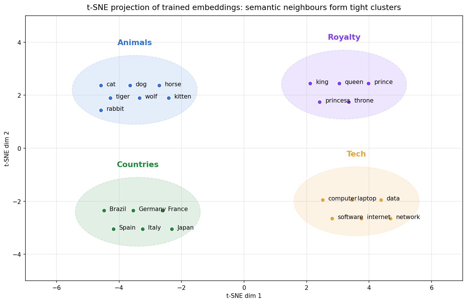t-SNE 投影:同一语义场的词自然聚成一团